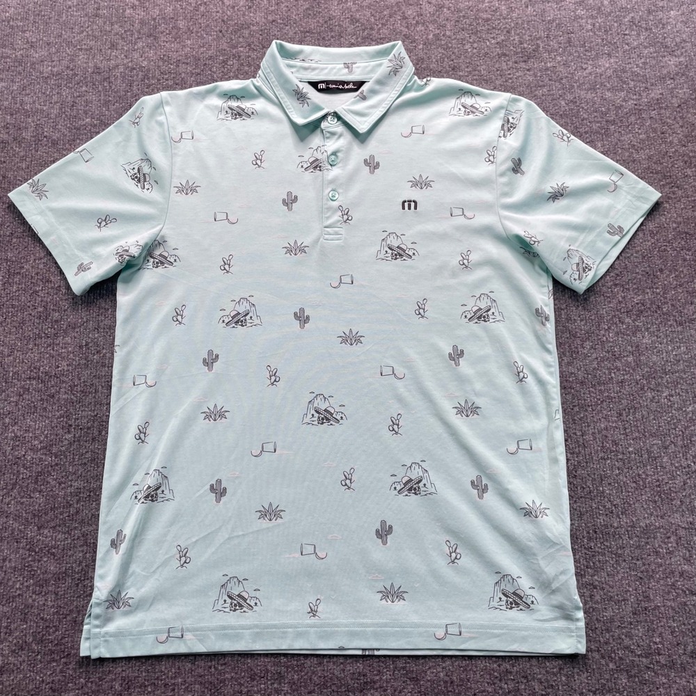 TravisMathew Polo Shirt Men's M Mint Green Desert Cactus Skull